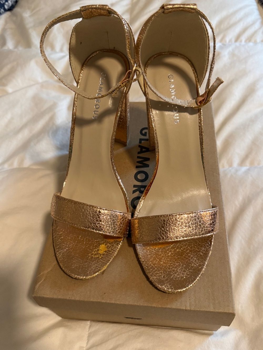 Glamorous Metallic Rose Gold Ankle-Strap Block Heels